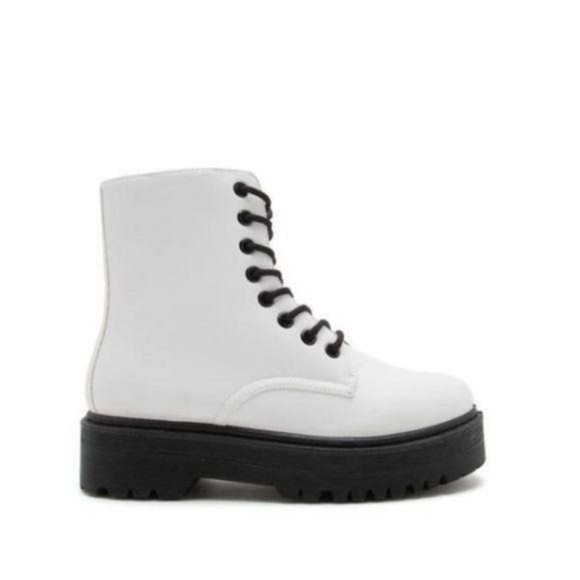 !! RESTOCKED !! White Vegan Leather Lace Up Combat Boots - Picture 2 of 11